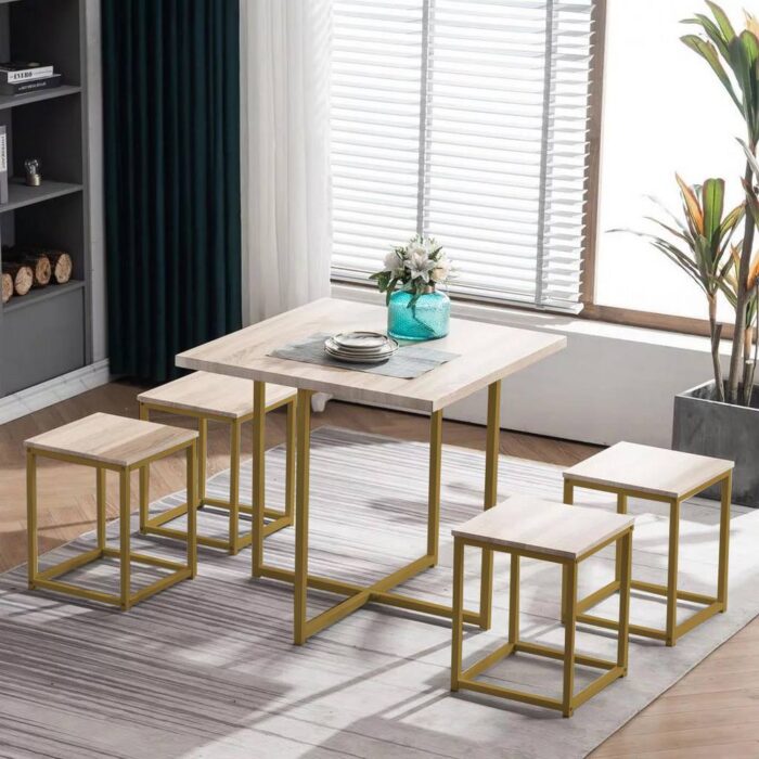5-piece iron and MDF dining table - gold and beige