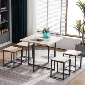 5-Piece Iron and MDF Dining Table - Black and Beige