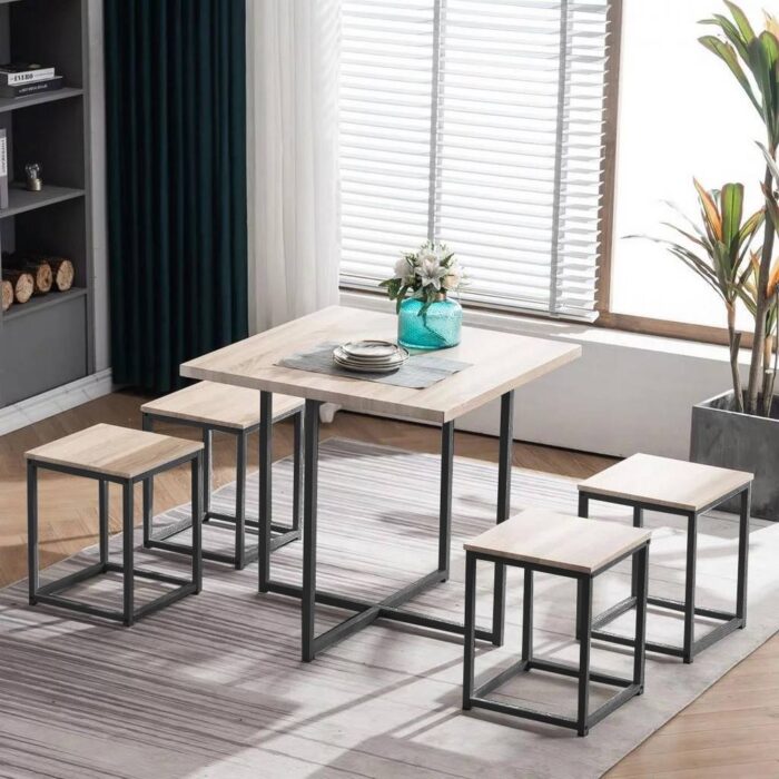 5-Piece Iron and MDF Dining Table - Black and Beige