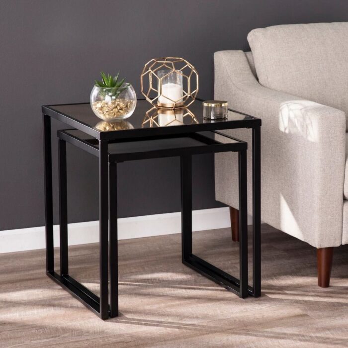 Two-Piece Side Table Set, Iron and Glass