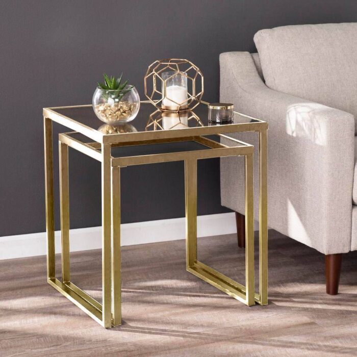 ⁦Two-Piece Side Table Set, Iron and Glass⁩ - الصورة ⁦2⁩