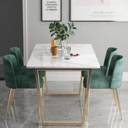 Table and chairs, 4 white Carrara marble top with gray stripes, green fabric, golden iron, and electrostatic paint.